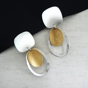 Marjorie Baer Mixed Metal Clip Earrings, Modern Square and Oval Clip-On Earrings